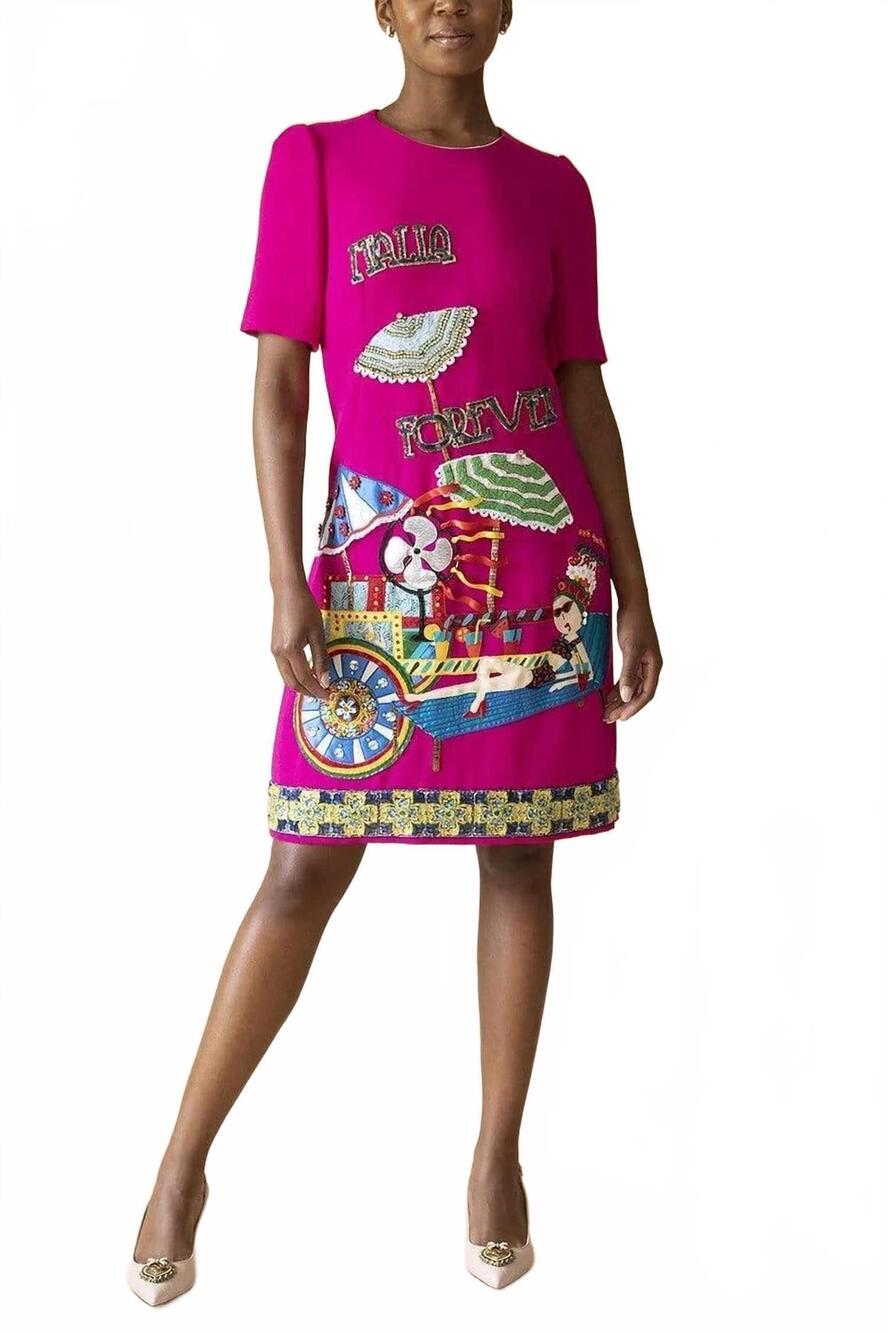 NEW DOLCE & GABBANA short sleeve italia forever embroidered dress in pink